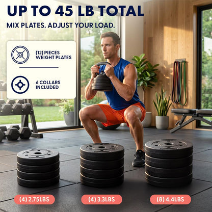 Squatz 4-In-1 Multifunctional 45 Lbs Adjustable Dumbbell Set With  Barbell Connector, Kettlebell Handle And Push-Up Handles For Home Gym Strength Training (Black)