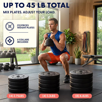 Squatz 4-In-1 Multifunctional 45 Lbs Adjustable Dumbbell Set With  Barbell Connector, Kettlebell Handle And Push-Up Handles For Home Gym Strength Training (Black And Navy)