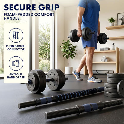 Squatz 4-In-1 Multifunctional 45 Lbs Adjustable Dumbbell Set With  Barbell Connector, Kettlebell Handle And Push-Up Handles For Home Gym Strength Training (Black And Navy)