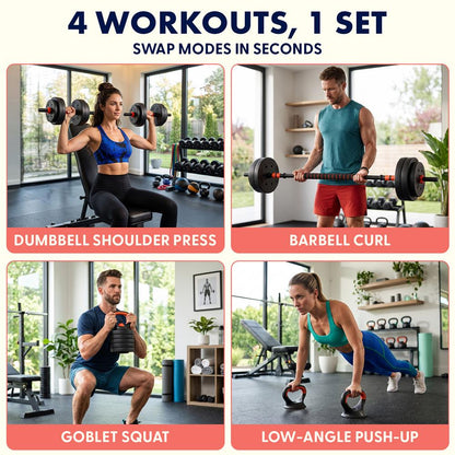 Squatz 4-In-1 Multifunctional 45 Lbs Adjustable Dumbbell Set With  Barbell Connector, Kettlebell Handle And Push-Up Handles For Home Gym Strength Training (Black And Red)