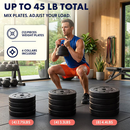 Squatz 4-In-1 Multifunctional 45 Lbs Adjustable Dumbbell Set With  Barbell Connector, Kettlebell Handle And Push-Up Handles For Home Gym Strength Training (Black And Red)