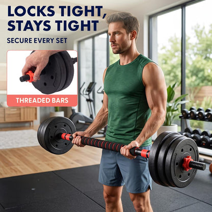 Squatz 4-In-1 Multifunctional 45 Lbs Adjustable Dumbbell Set With  Barbell Connector, Kettlebell Handle And Push-Up Handles For Home Gym Strength Training (Black And Red)