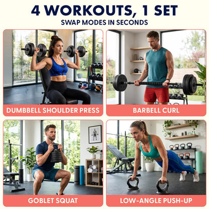 Squatz 4-In-1 Multifunctional 70 Lbs Adjustable Dumbbell Set With  Barbell Connector, Kettlebell Handle And Push-Up Handles For Home Gym Strength Training (Black)