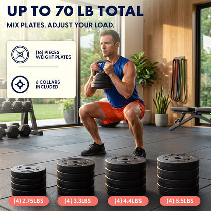 Squatz 4-In-1 Multifunctional 70 Lbs Adjustable Dumbbell Set With  Barbell Connector, Kettlebell Handle And Push-Up Handles For Home Gym Strength Training (Black)