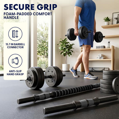 Squatz 4-In-1 Multifunctional 70 Lbs Adjustable Dumbbell Set With  Barbell Connector, Kettlebell Handle And Push-Up Handles For Home Gym Strength Training (Black)