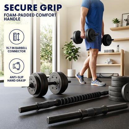 Squatz 4-In-1 Multifunctional 90 Lbs Adjustable Dumbbell Set With  Barbell Connector, Kettlebell Handle And Push-Up Handles For Home Gym Strength Training (Black)
