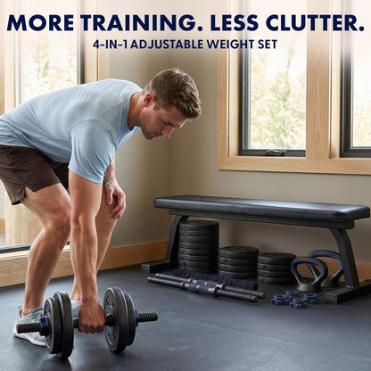 Squatz 4-In-1 Multifunctional 90 Lbs Adjustable Dumbbell Set With Barbell Connector, Kettlebell Handle And Push-Up Handles For Home Gym Strength Training (Black And Navy)