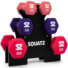 Squatz Neoprene Dumbbell Set With Storage Stand – 3 Lb, 5 Lb And 8 Lb Pairs, Comfortable Grip, For Home & Gym Workouts