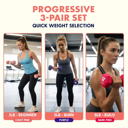 Squatz Neoprene Dumbbell Set With Storage Stand – 3 Lb, 5 Lb And 8 Lb Pairs, Comfortable Grip, For Home & Gym Workouts
