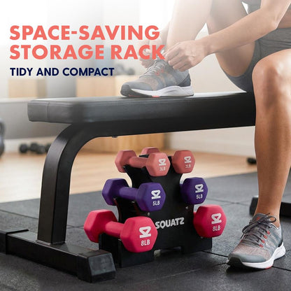 Squatz Neoprene Dumbbell Set With Storage Stand – 3 Lb, 5 Lb And 8 Lb Pairs, Comfortable Grip, For Home & Gym Workouts