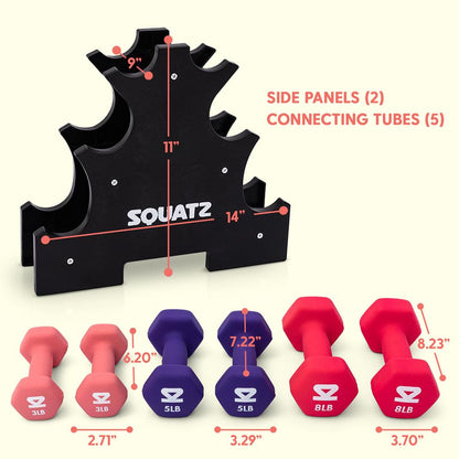 Squatz Neoprene Dumbbell Set With Storage Stand – 3 Lb, 5 Lb And 8 Lb Pairs, Comfortable Grip, For Home & Gym Workouts
