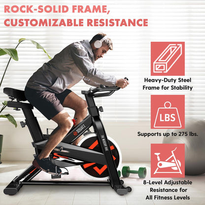 Stationary Cycling Bike - Fun Indoor Workout, 8 Resistance Levels, Steel Frame