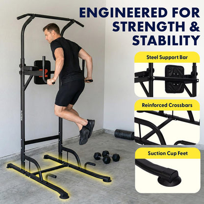 Squatz Power Tower Pull Up Workout Station With 6 Adjustable Height Levels And 330 Lbs. Weight Capacity For Home Gym & Strength Training (Black)