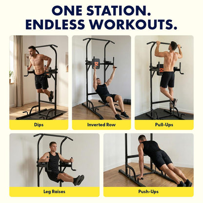 Squatz Power Tower Pull Up Workout Station With 6 Adjustable Height Levels And 330 Lbs. Weight Capacity For Home Gym & Strength Training (Black)