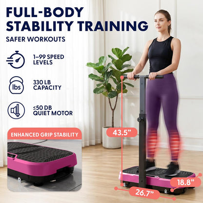 Hurtle Vibration Plate With Handle – Adjustable 1–99 Speeds, Quiet, Lightweight, With Remote And Preset Programs Portable For Home And Office (Pink)