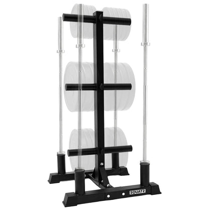Squatz 6-Peg Olympic Weight Plate Rack - Space-Saving Vertical Weight Plate Tree Storage Organizer, Holds Standard 2-Inch Weight Plates, Includes Olympic Barbell Holders