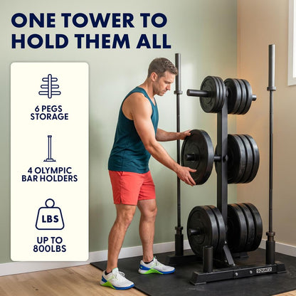 Squatz 6-Peg Olympic Weight Plate Rack - Space-Saving Vertical Weight Plate Tree Storage Organizer, Holds Standard 2-Inch Weight Plates, Includes Olympic Barbell Holders
