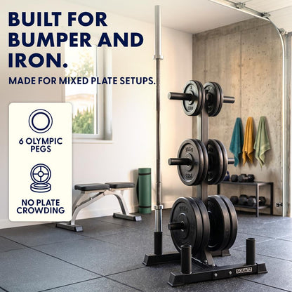 Squatz 6-Peg Olympic Weight Plate Rack - Space-Saving Vertical Weight Plate Tree Storage Organizer, Holds Standard 2-Inch Weight Plates, Includes Olympic Barbell Holders