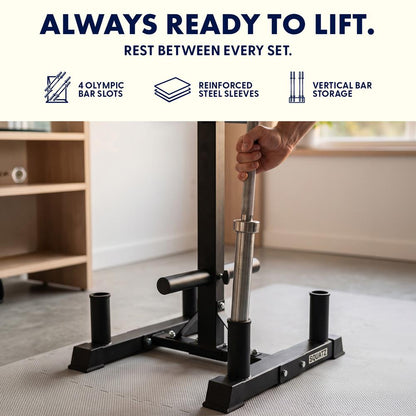 Squatz 6-Peg Olympic Weight Plate Rack - Space-Saving Vertical Weight Plate Tree Storage Organizer, Holds Standard 2-Inch Weight Plates, Includes Olympic Barbell Holders