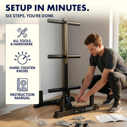 Squatz 6-Peg Olympic Weight Plate Rack - Space-Saving Vertical Weight Plate Tree Storage Organizer, Holds Standard 2-Inch Weight Plates, Includes Olympic Barbell Holders