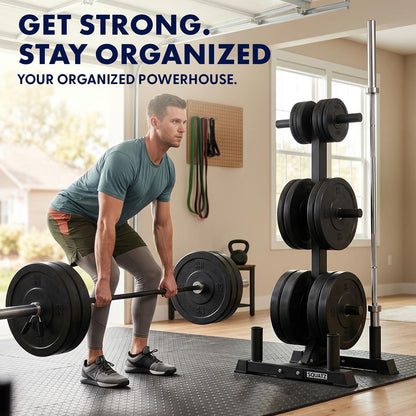 Squatz 6-Peg Olympic Weight Plate Rack - Space-Saving Vertical Weight Plate Tree Storage Organizer, Holds Standard 2-Inch Weight Plates, Includes Olympic Barbell Holders