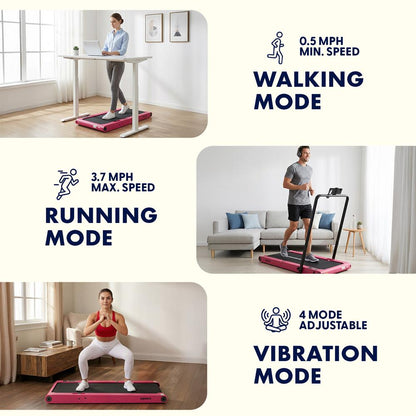 Squatz 2-In-1 Walking Pad With Vibration Plates And Handle Bar – Compact Treadmill With 1.0Hp Motor, Large Walking Surface, Led Display, Device Holder, And Remote Control (Pink)
