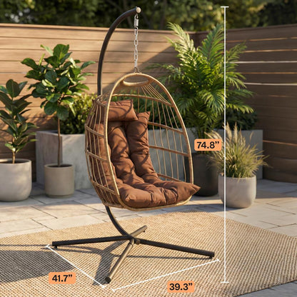 Foldable Egg Chair 350 lbs Capacity Rattan Wicker with Cushion Brown