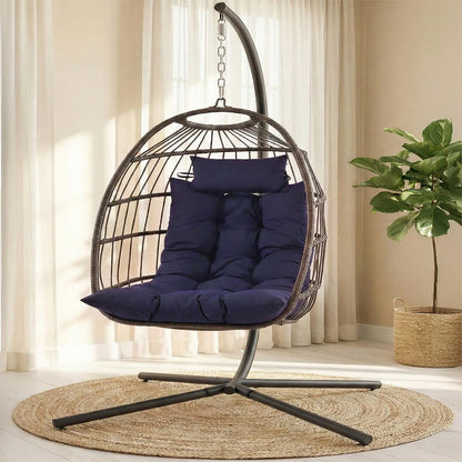 Foldable Egg Chair 350 lbs Capacity Rattan Wicker Deep Blue Cushion