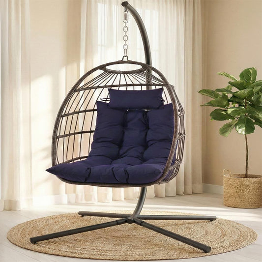 Foldable Egg Chair 350 lbs Capacity Rattan Wicker Deep Blue Cushion