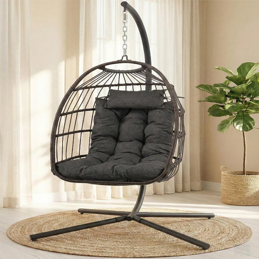Foldable Egg Chair with Stand, 350 lbs Capacity, Rattan Wicker, Gray