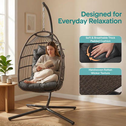 Foldable Egg Chair with Stand, 350 lbs Capacity, Rattan Wicker, Gray