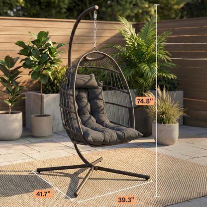 Foldable Egg Chair with Stand, 350 lbs Capacity, Rattan Wicker, Gray