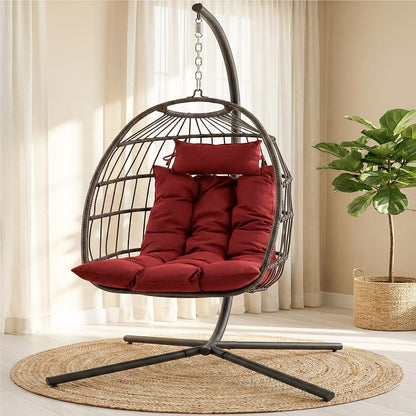 Foldable Egg Chair 350 lbs Capacity Rattan Wicker Red Cushion