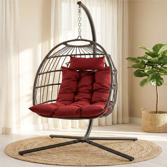 Foldable Egg Chair 350 lbs Capacity Rattan Wicker Red Cushion