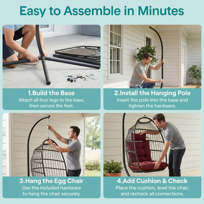 Foldable Egg Chair 350 lbs Capacity Rattan Wicker Red Cushion