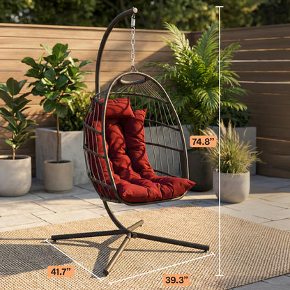 Foldable Egg Chair 350 lbs Capacity Rattan Wicker Red Cushion