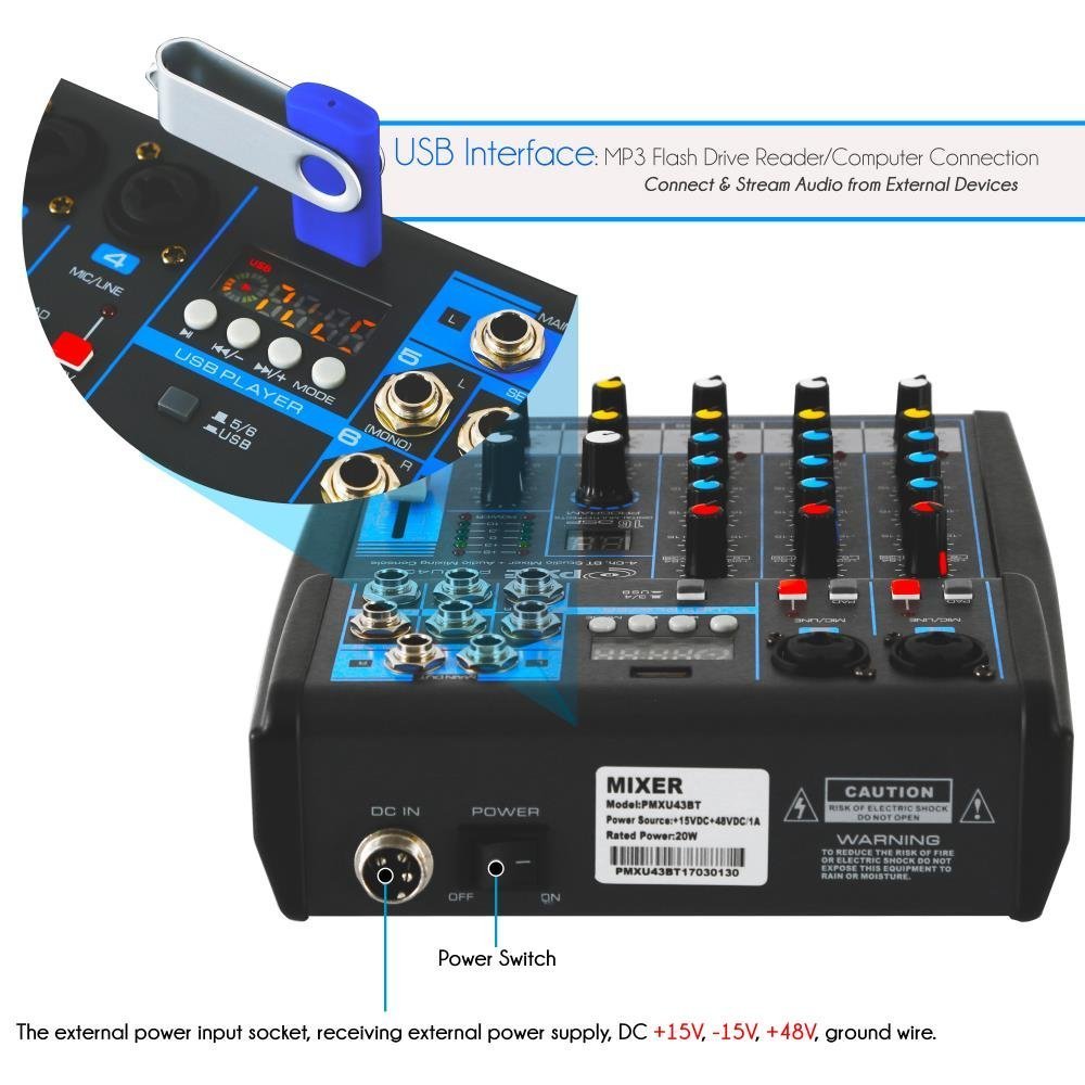  Professional 4-Channel Mixing Console Audio Mixer Sound Board  Bluetooth USB Live Studio Mixer with USB Drive for PC Recording,48V Phantom  Power Stereo DJ Studio Streaming : Musical Instruments