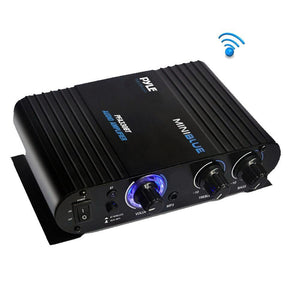 Wireless Bluetooth Home Audio Amplifier - 90W Dual Channel Mini Portable Power Stereo Sound Receiver w/Speaker Selector, RCA, AUX, LED, 12V Adapter - For iPad, iPhone, PA, Studio Use - Pyle PFA330BT