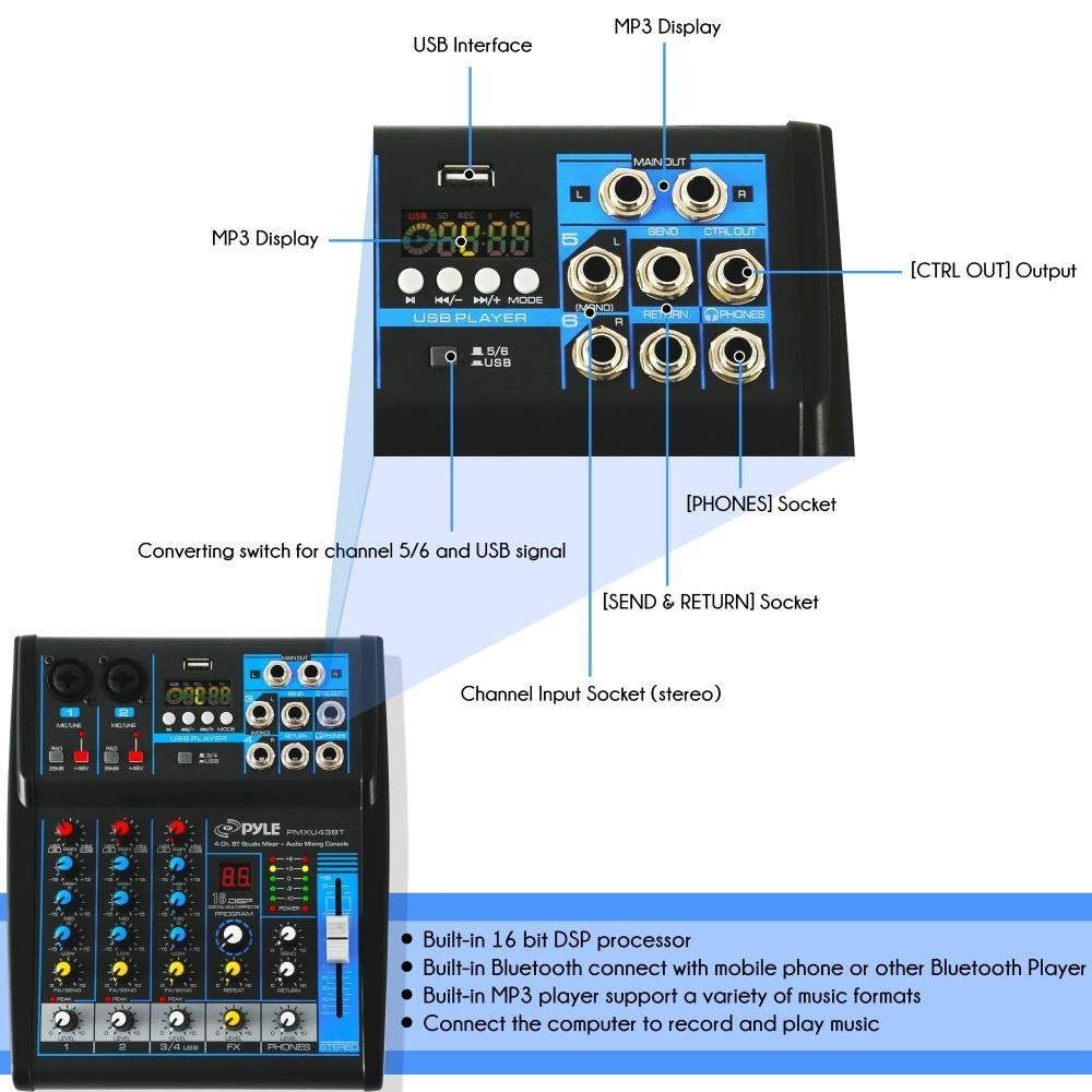 Pyle Professional Audio Mixer Sound Board Console System Interface